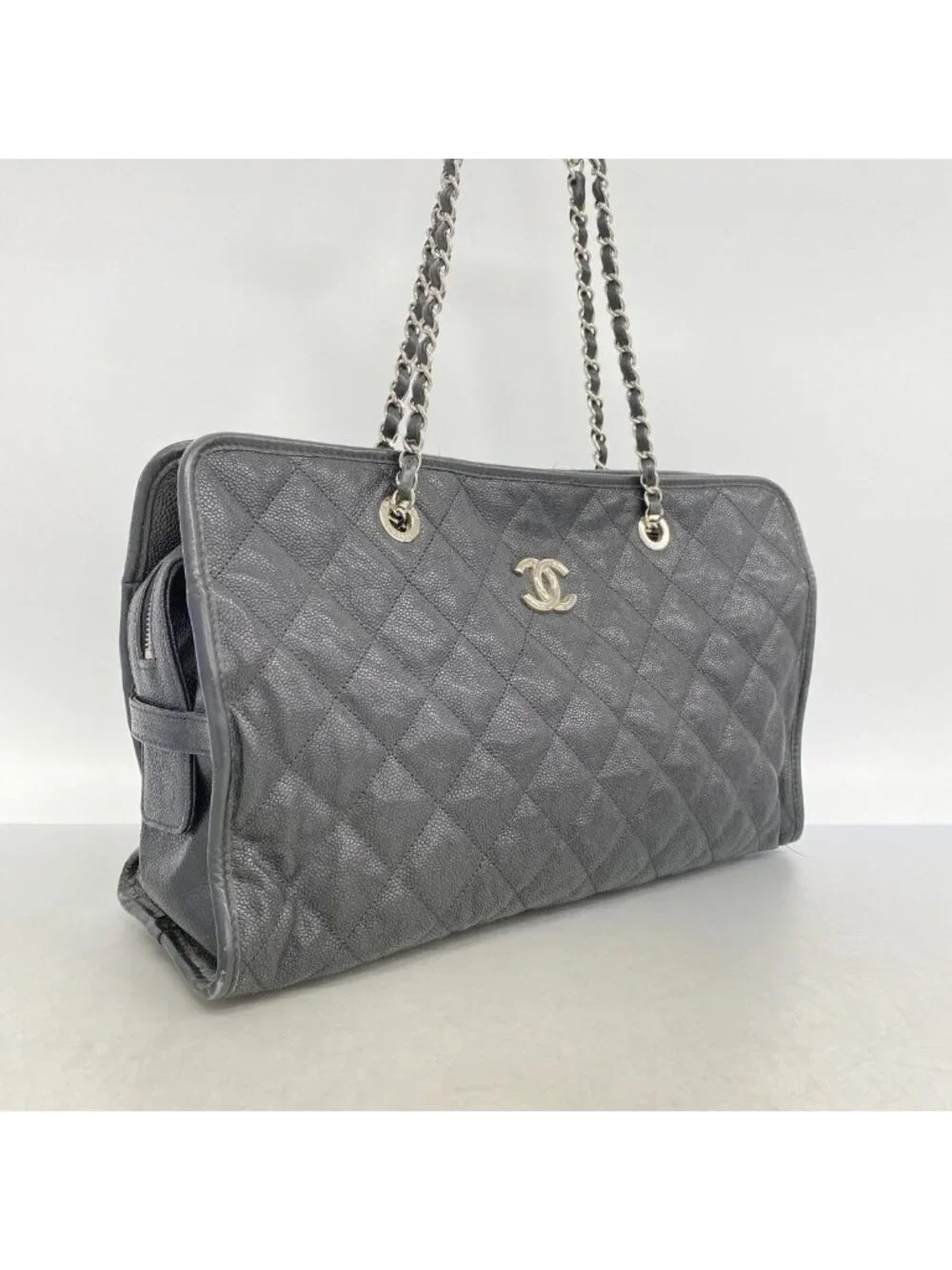 Chanel Chain Tote Quilted Caviar Leather Black Silver